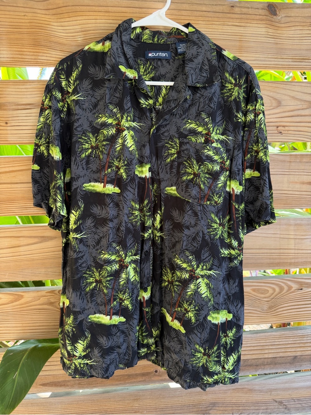Puritan Black & Green Palm Print Short-Sleeve Shirt 100% Rayon